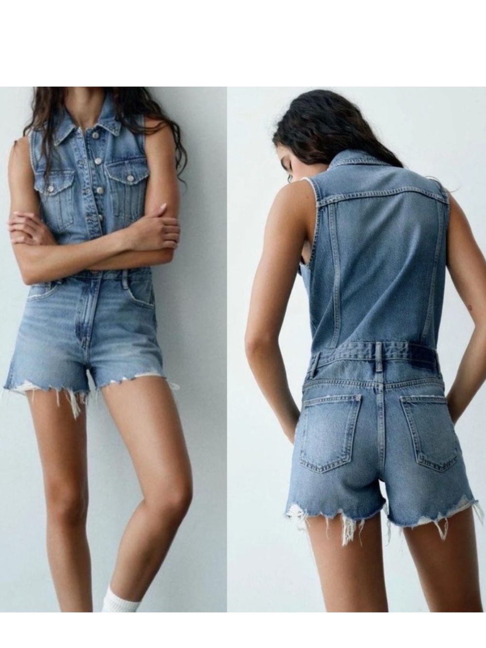 NWT Zara Denim Frayed Hem Sleeveless Romper Sz 12 (fits 10 perfectly, 8 looser)